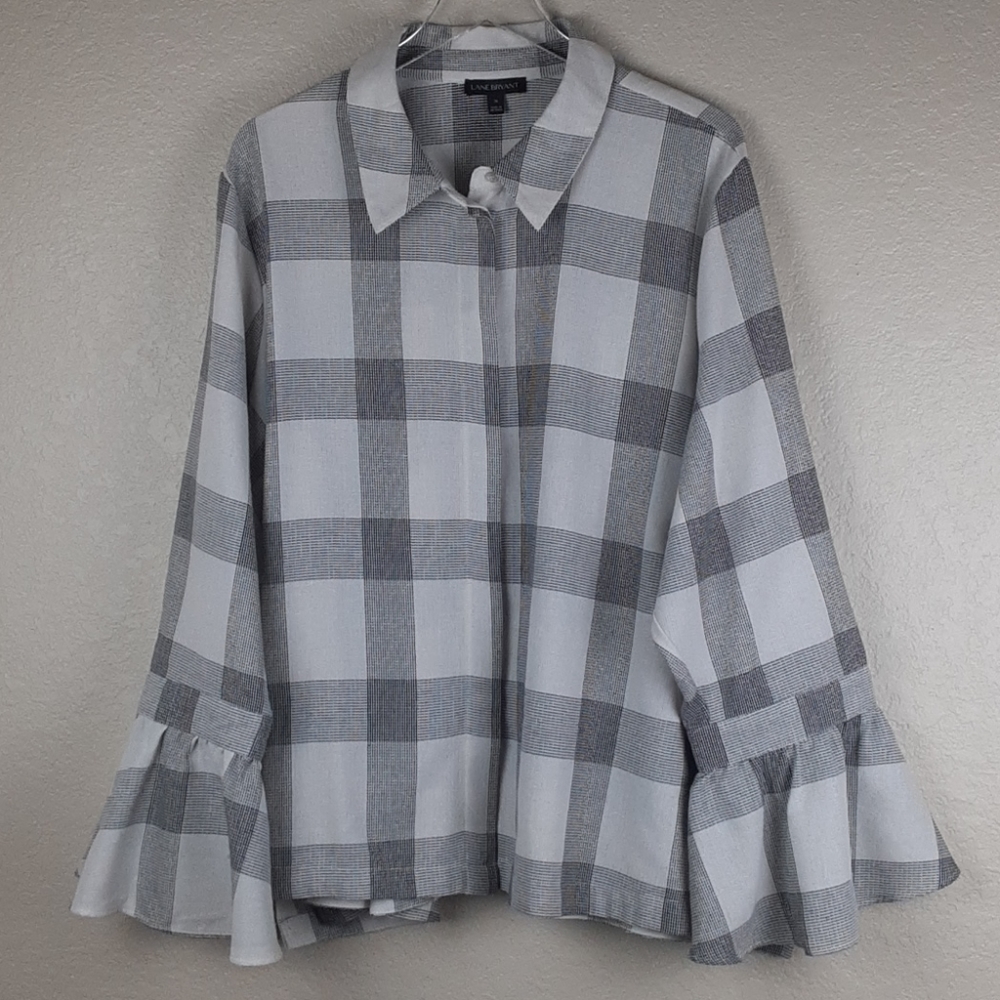 Lane Bryant Long Ruffle Sleeve Collared Button Down Plaid Shirt